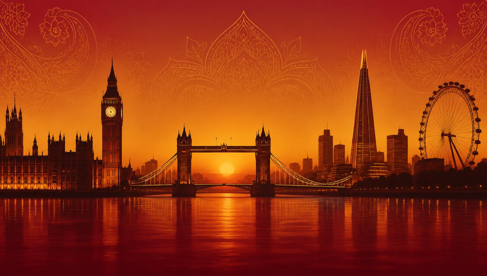 Stylised London skyline at golden dusk with subtle Indian patterns